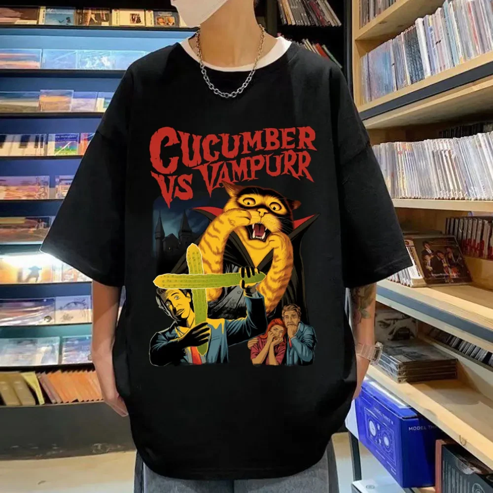 男性と女性のためのヴィンテージキャットプリントTシャツ,面白いホラーTシャツ,特大のゴシックTシャツ,ストリートウェア