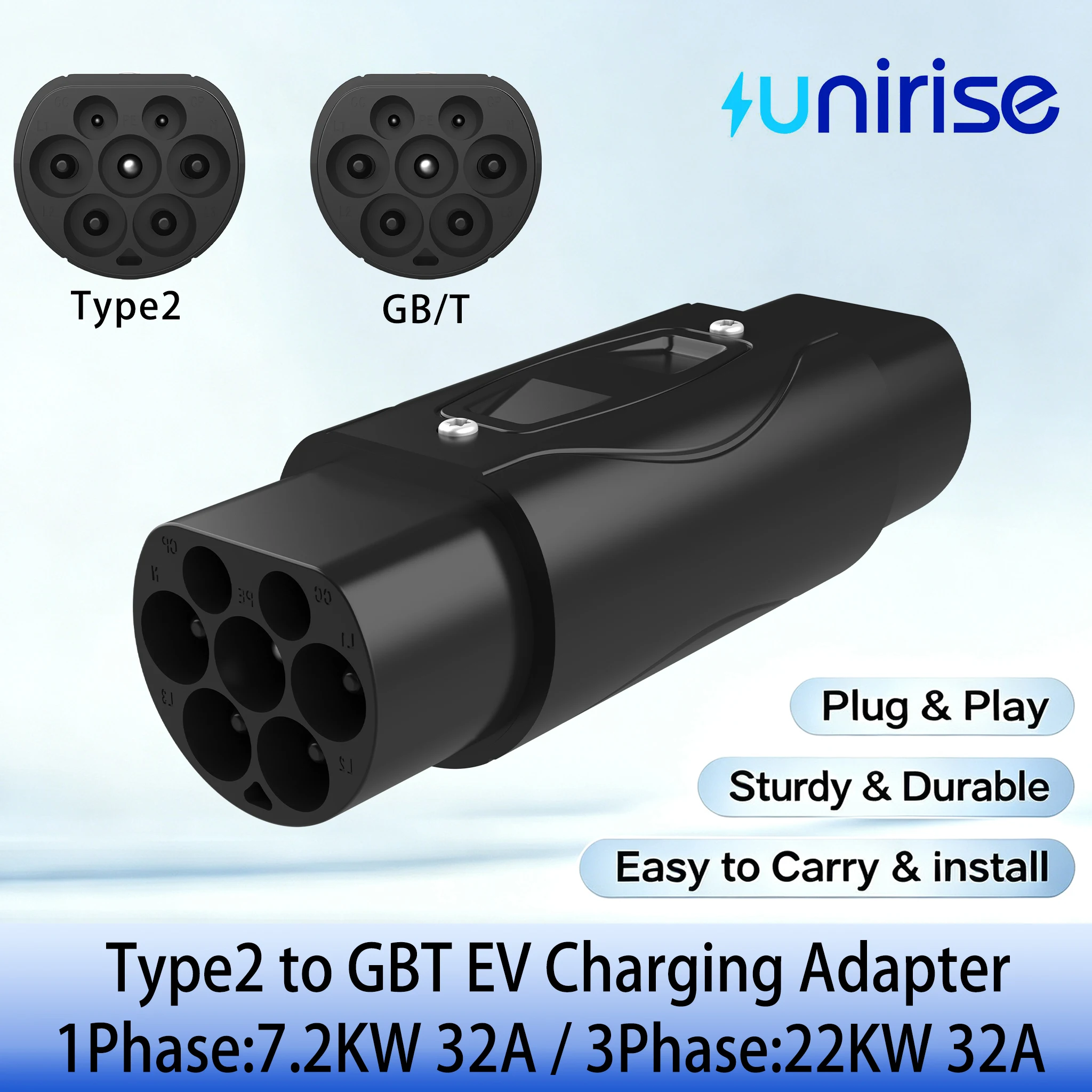 UNIRISE 32A EV Adapter Type2 to GBT 7.2KW/22KW 250V/450V Single/Three-phase For IEC 62196-2 Charger to China Car GB/T Charging