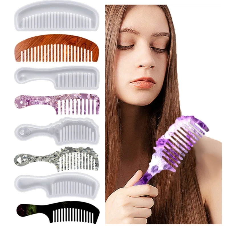 R3MC 4 Styles Hair Comb Resin Molds Craft Tools Comb Resin Molds DIY Hair Styling Comb Tool Comb Silicone Mold with Handle