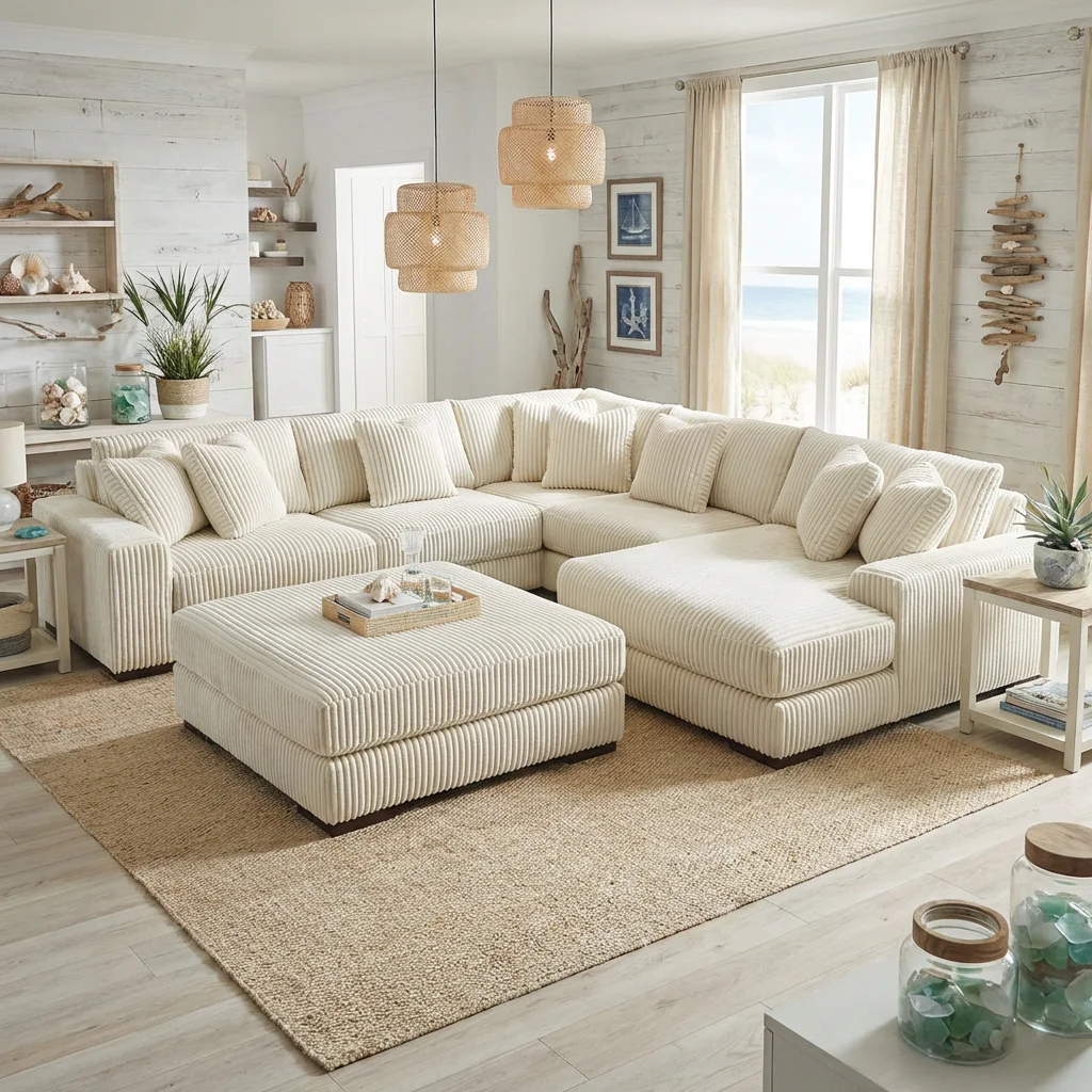 # Modern White Corduroy Fabric Modular Corner Chaise Lounge Wood Frame Sectional Sofa Set with Ottoman