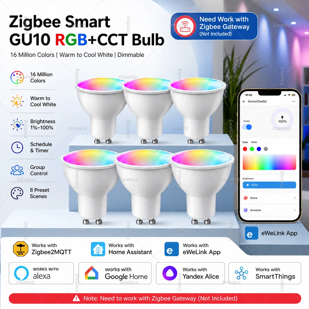 ZigBee GU10 Smart LED Bulbs RGB CCT White Dimmable Lamps EWelink APP Control Lighting Bulbs For HA Z2M/Alexa/Google/Yandex Alice
