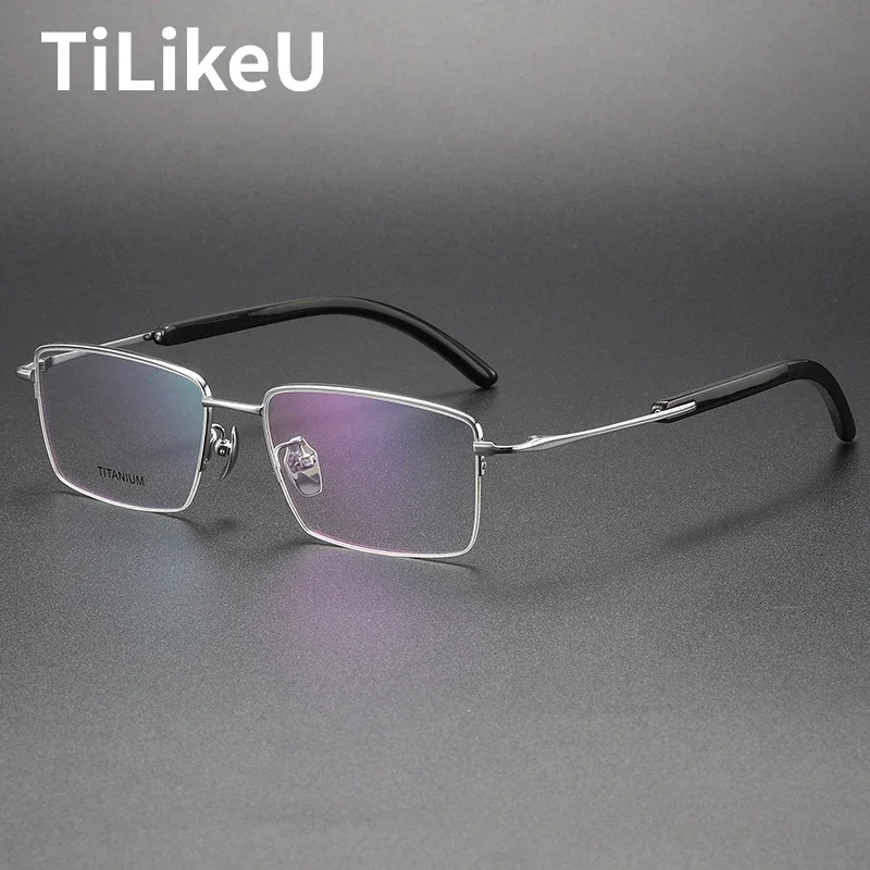 Natural Ox Horn Titanium Eyeglasses Half Frame Business Square Men Glasses Frame Ultralight and Comfort Half Rim Spectacle Frame