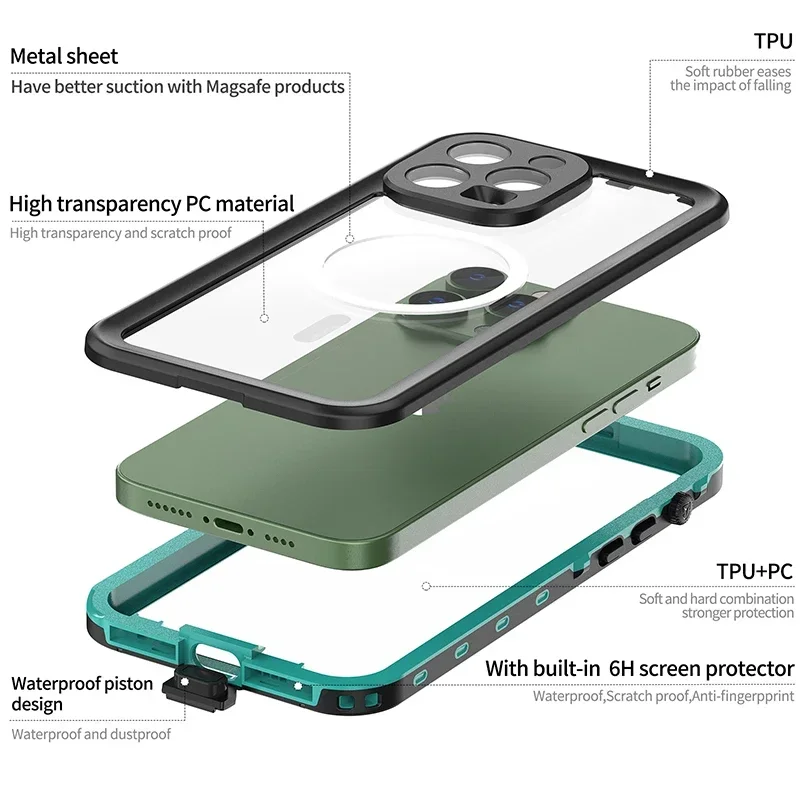 IP68 Magnetic Transparent Waterproof Case For iPhone 15 Plus 14 13 Pro Max Shock Drop Proof Cover Diving Swim Underwater Sports