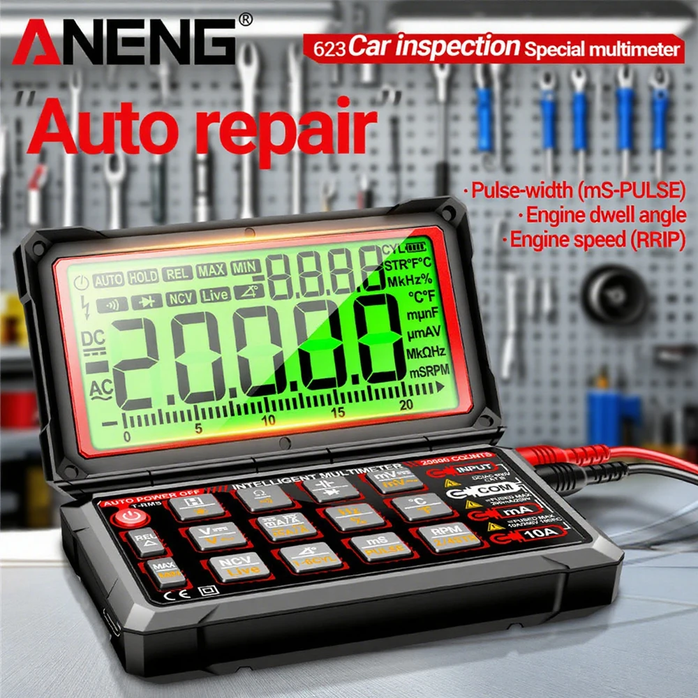 

ANENG 623 Автомобильный мультиметр 20000 отсчетов True RMS 750 В Батарея генератора переменного тока об/мин Рабочий цикл Тест температуры Автомобильный диагностический инструмент