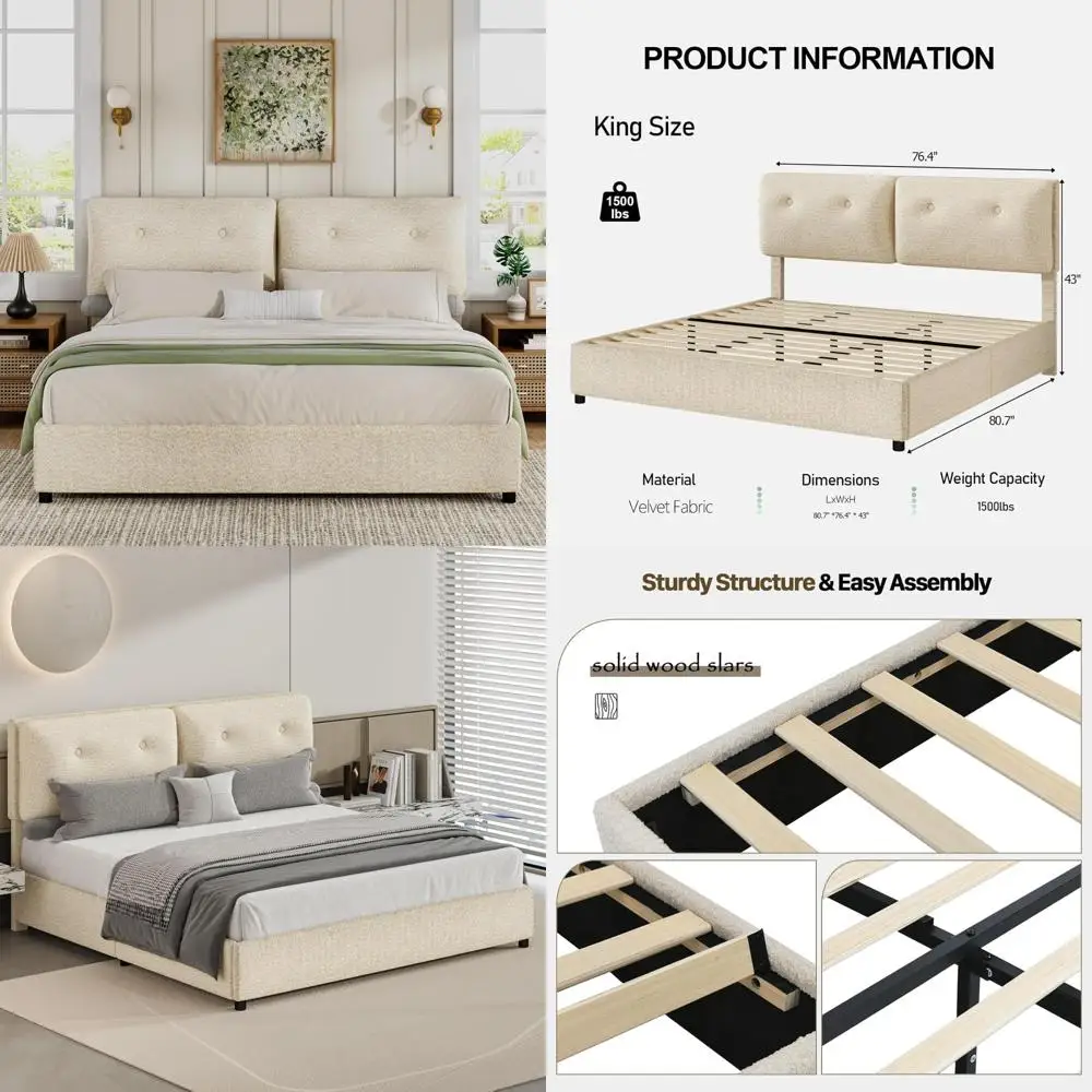 

"King-Sized Boucle Upholstered Bed Frame with Plush Headboard and Sofa-Style Cushions, Wooden Slat Support, Low Profile"