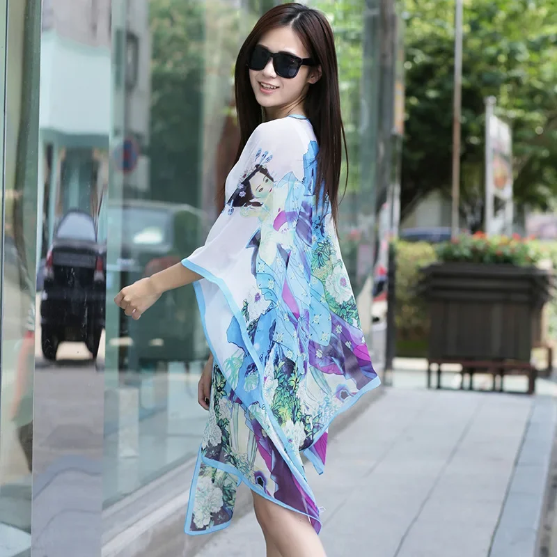 2025 New Summer Chiffon Pearl Buckle Sunscreen Shawl Ancient Beauty Figure Sunshade Beach Imitation Silk Scarf Lady Cloak Purple