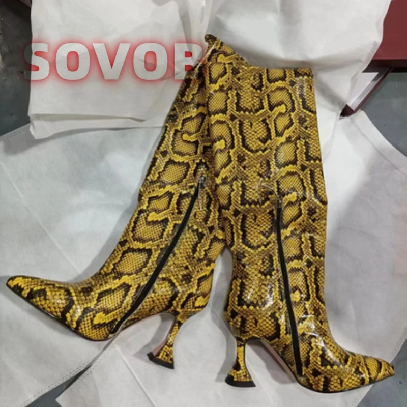 الأصفر الأفعى نمط الجانب سستة الأحذية مثير أشار تو متوهج الكعوب منتصف العجل الأحذية عارضة مكتب ربيع الخريف الأحذية النسائية