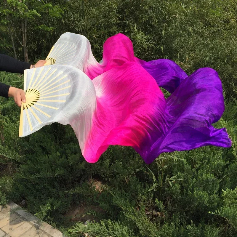 New-dyed 1Pair/2pcs Gradient Real Silk Veil Dance Fan Soft Belly Dance Bamboo Handle Long Fan Veils Nice Stage Dance Fan Props