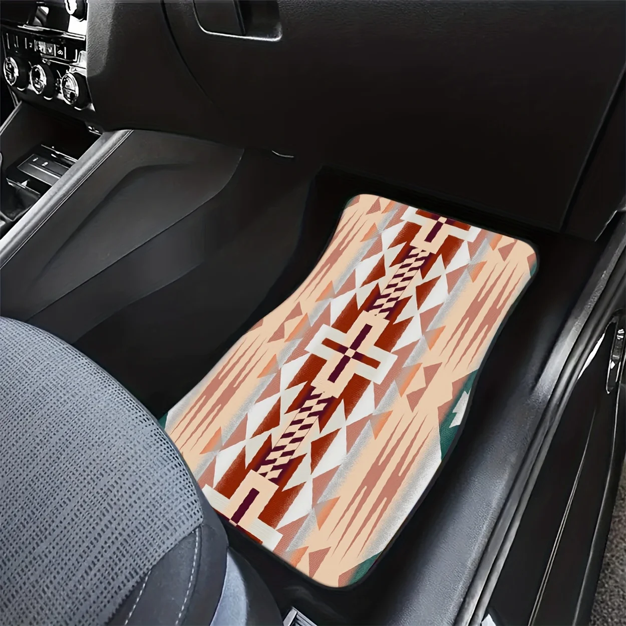 4pcs Universal Car Floor Mats, Brown Base With Ethnic Geometric Patterns, Stylish And Versatile, Comfortable And Aesthetic, Car