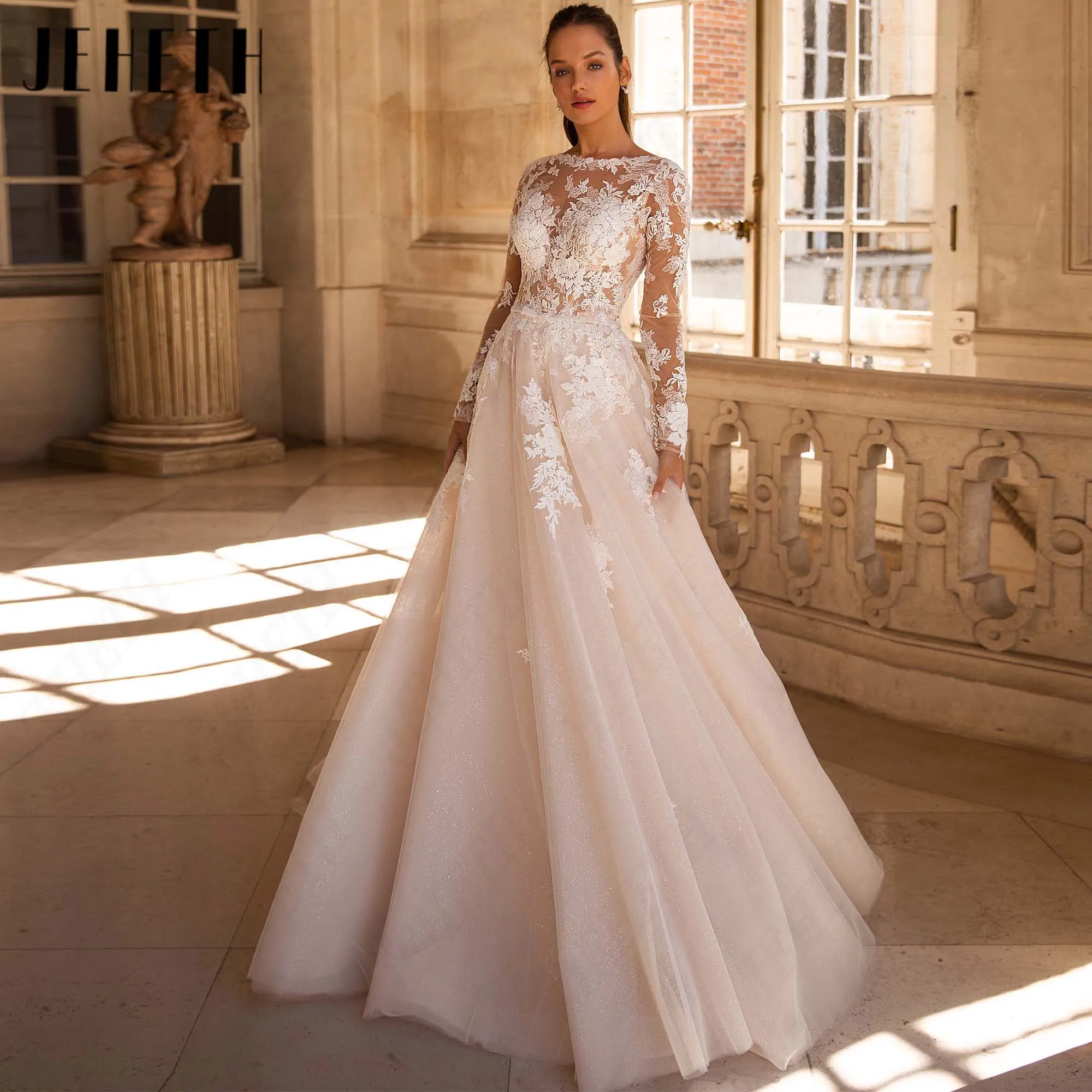 JEHETH 2027 Lace Appliques Tulle Wedding Dresses Customized Scoop Neck Long Sleeves Bridal Gowns Romantic A-Line Bride Gown