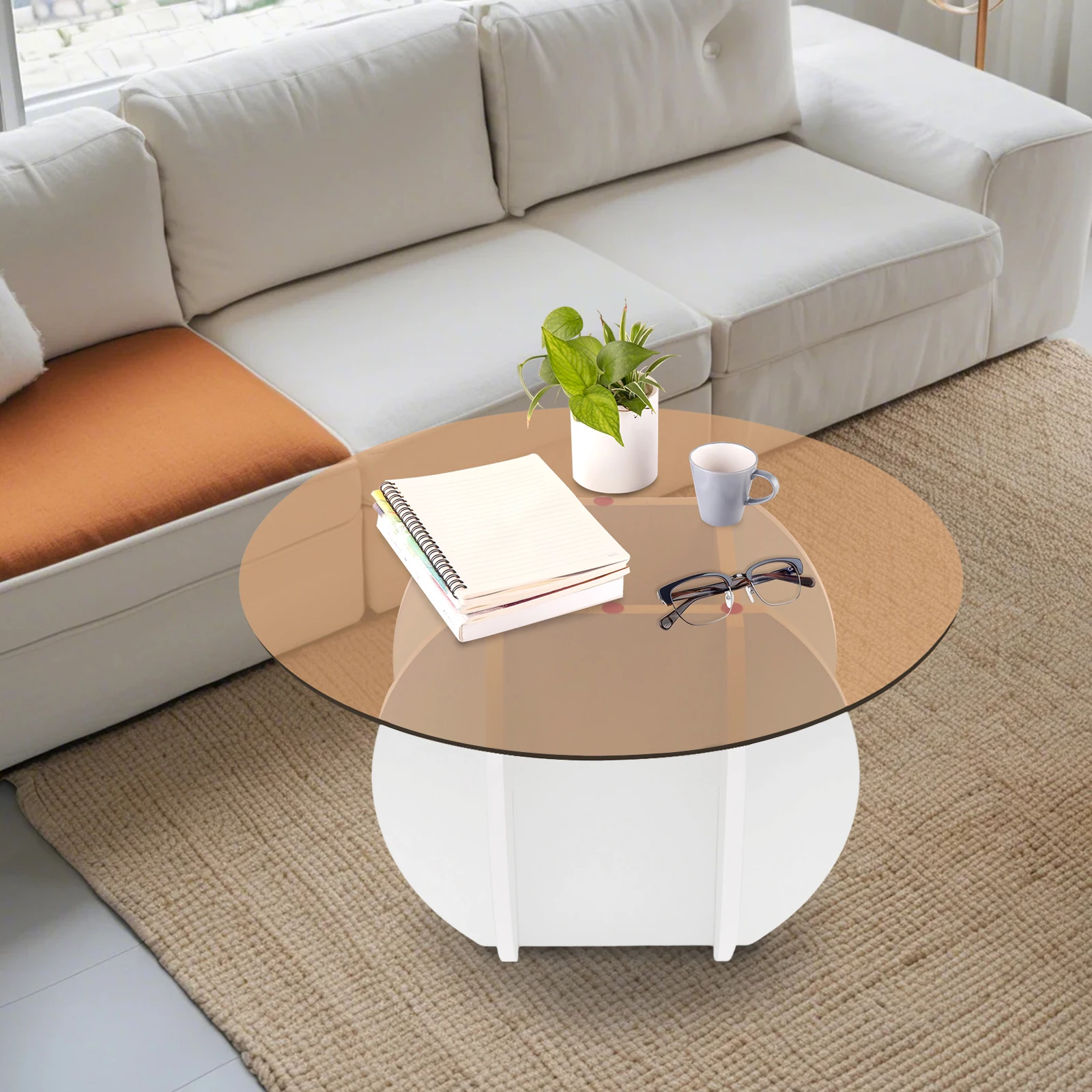 70cm Round Tabletop Coffee Table Tempered Glass Coffee Table Load Bearing Capacity 100kg for Offices, Living Rooms, Guest Rooms