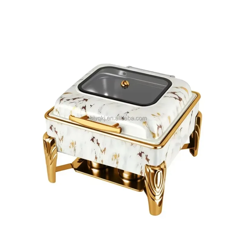 Commercial 6L White Gold Chafing Dish Marble Pattern Chaffing Dish Hydraulic Catering Equipment Buffet Food Warmer for Event