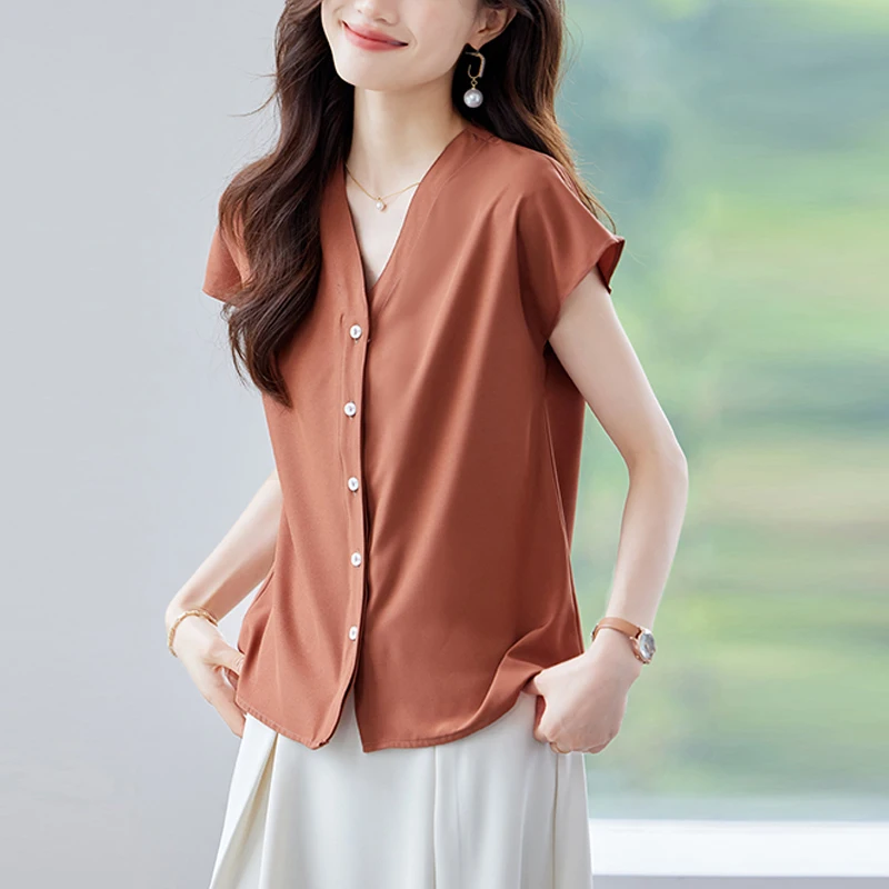 

Fashionable Spring Summer Women's Solid Color Short Sleeve Shirt Stylish Casual Top for Ladies