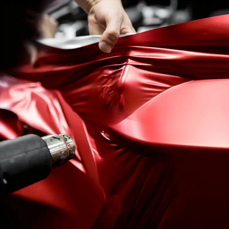 Premium Rote Satin-Chrom-Matt-Metallic-Vinylfolie für Autofolierung mit Luftkanälen, selbstklebender Aufkleber – Detail 2