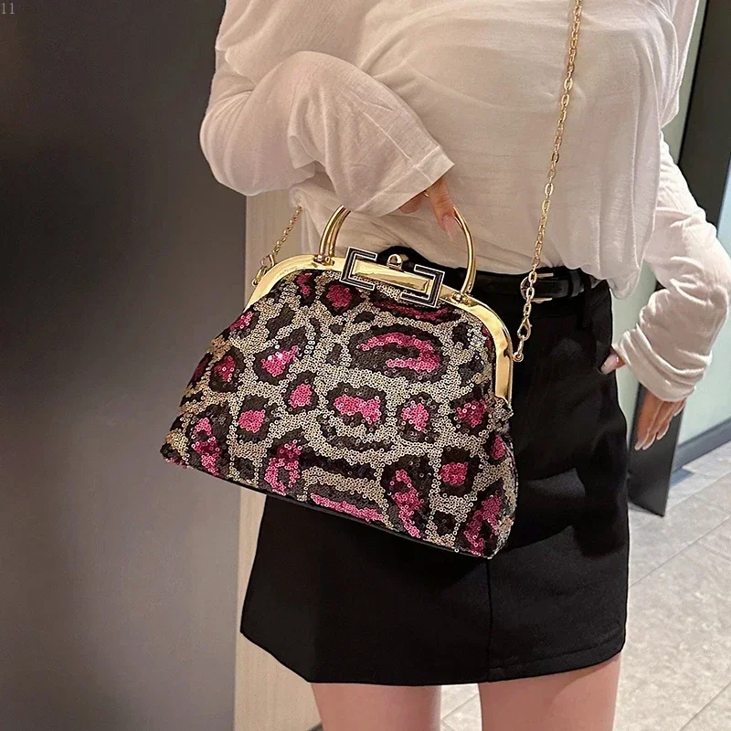 New Women Leopard Print Shoulder Underarm Bag Lady Satchel Clutch Totes Purses Handbag Crossbody Sequin Dinner Bag