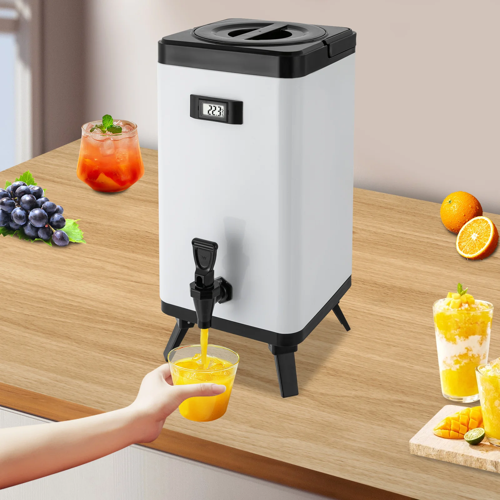 

Изолированный диспенсер для напитков из нержавеющей стали 12 л с термометром, диспенсер для горячих и холодных напитков 304 с краном для вечеринки на открытом воздухе