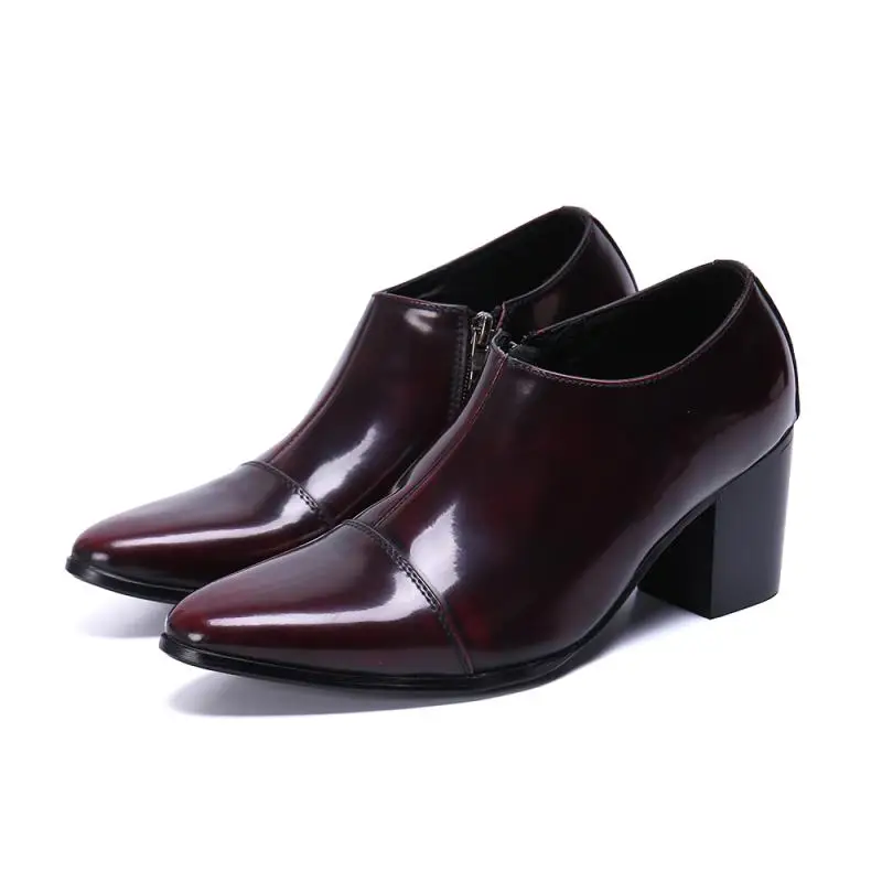 

8CM men's height increasing pointed leather shoes, wine red polished cowhide, fashionable high-heeled men's leather