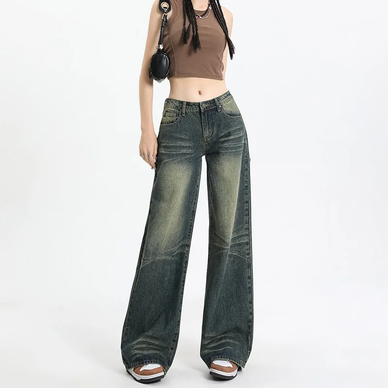

High-Waisted Jeans Women2025Spring and Autumn Vintage Washed Wide-Leg Pants Loose Straight-Leg Floor-Length Pants