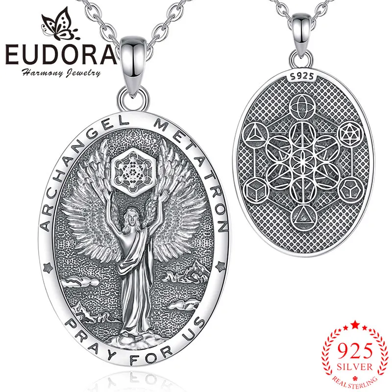 Eudora 925 Sterling Silver Archangel Metatron Necklace Vintage Relief Jewish Pendant Religious Jewelry Personality Gift for Men