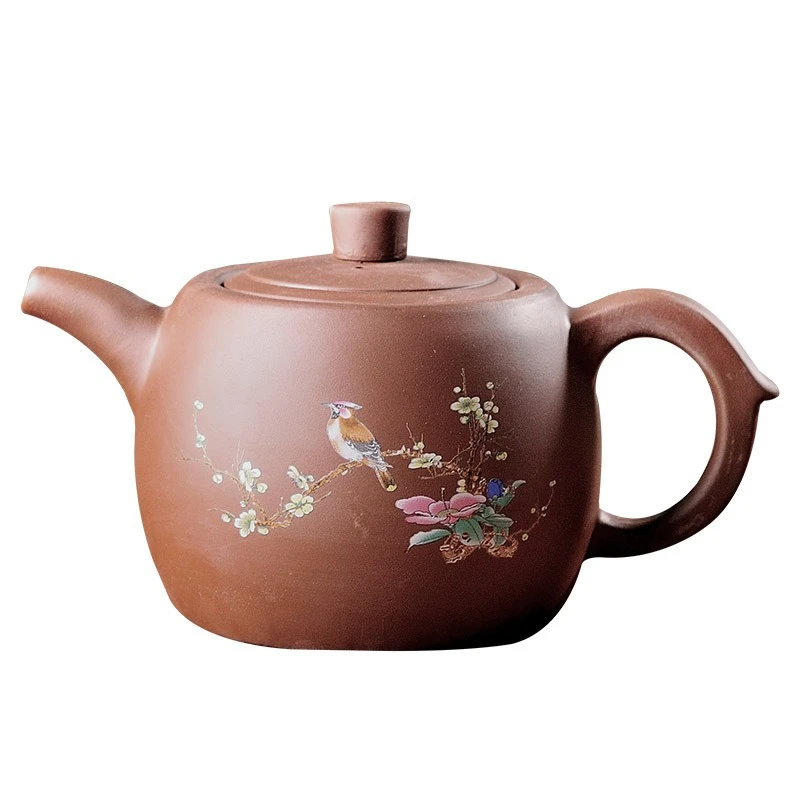 Large Hand-Painted Flower and Bird Well Fence Teapot Purple Clay Tea Set for Home Kung Fu Tea Brewing