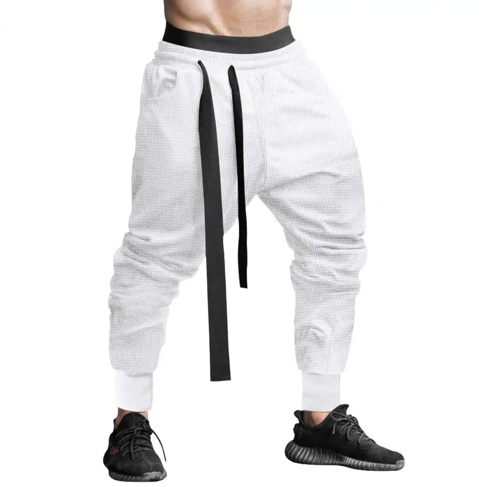 Men Solid Color Pants Elastic Waist Trousers Men's Loose Harem Pants with Drawstring Waist Ankle Bands for Wear Sports