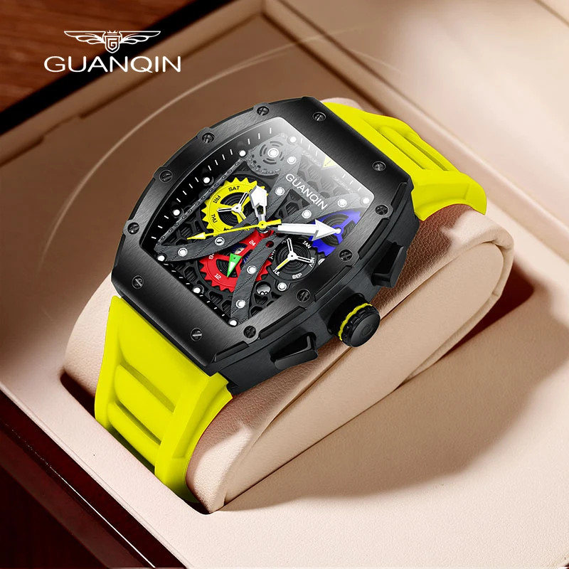 GUANQIN-reloj mecánico deportivo para hombre, cronógrafo automático con correa de zafiro, hueca de acero inoxidable, correa de goma, Masculino