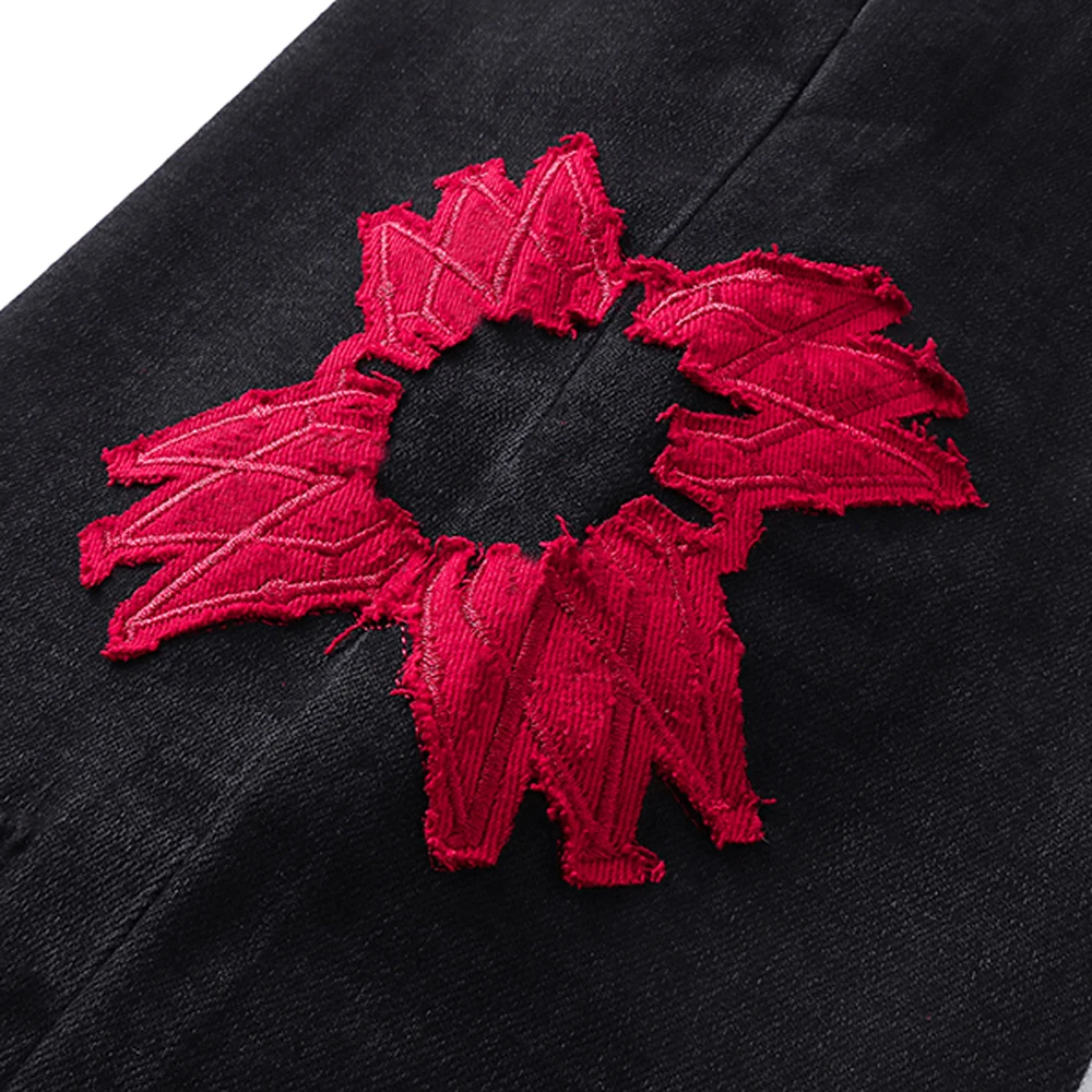 ロック復活ジーンズストリートスタイルファッション刺繍リッピングカジュアルスリムフィットジーンズストリート服レトロヴィンテージパンツ男性用