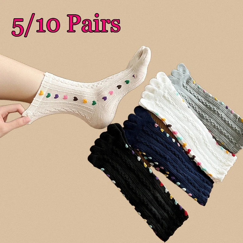 5/10 Pairs 2024 New Women's Breathable Sweat-Absorbent Mid Tube Short Cotton Socks Spring Hollow Mesh Dots Split Toe Socks