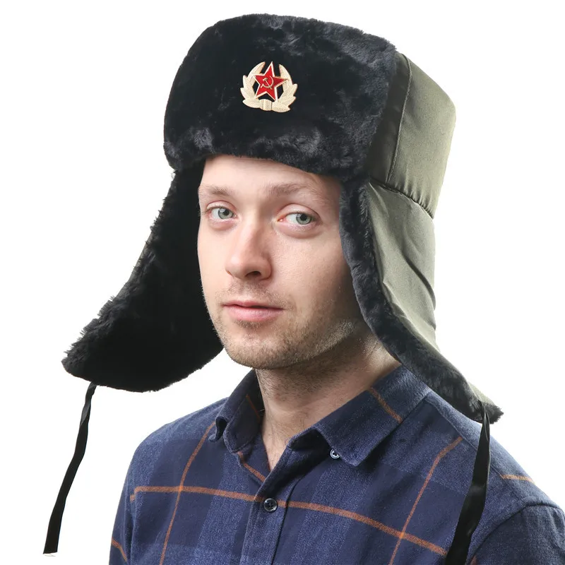 Winter Soviet Badge Lei Feng Hats for Men Russian Ushanka Hat Outdoor Warm Thicken Faux Rabbit Fur Windproof Snow Caps