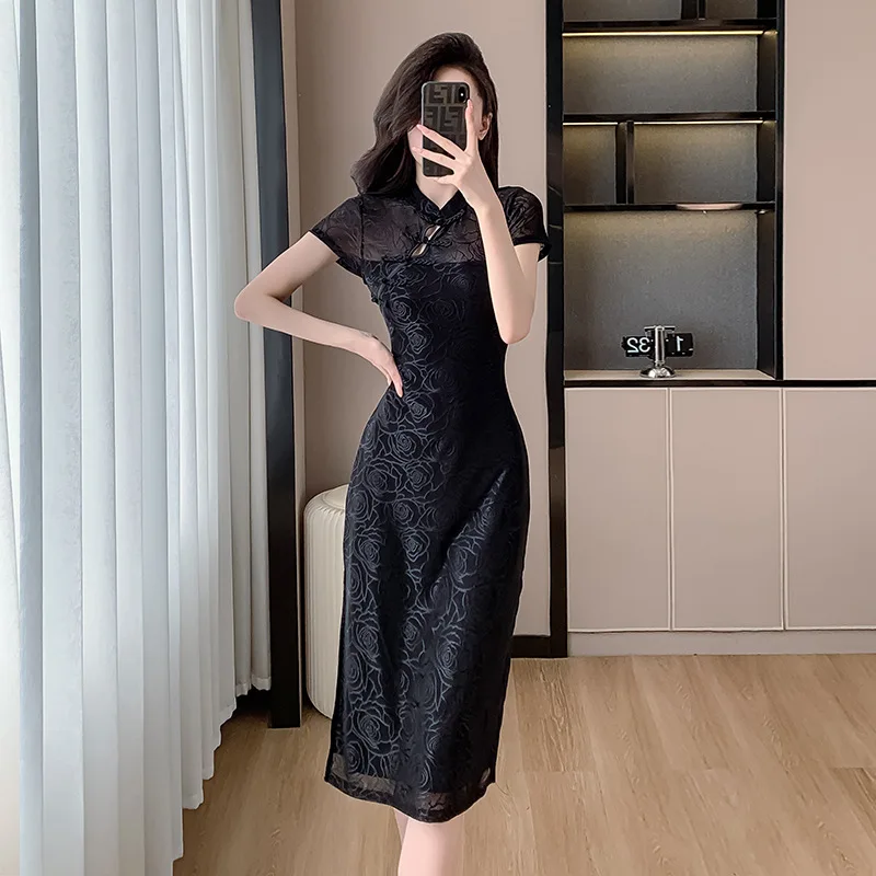 Black Retro Qipao Sexy Slit Lace Vestidos Medium Length Traditional Chinese Style Dress Vintage Button Mandarin Collar Cheongsam