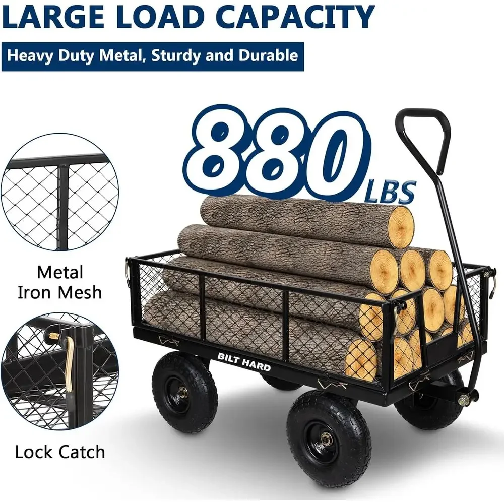 Sturdy 880 lbs Capacity Mesh Steel Garden Cart with 4 Cubic Feet, 180° Swivel Handle, Removable Sides, All-Terrain Wheels