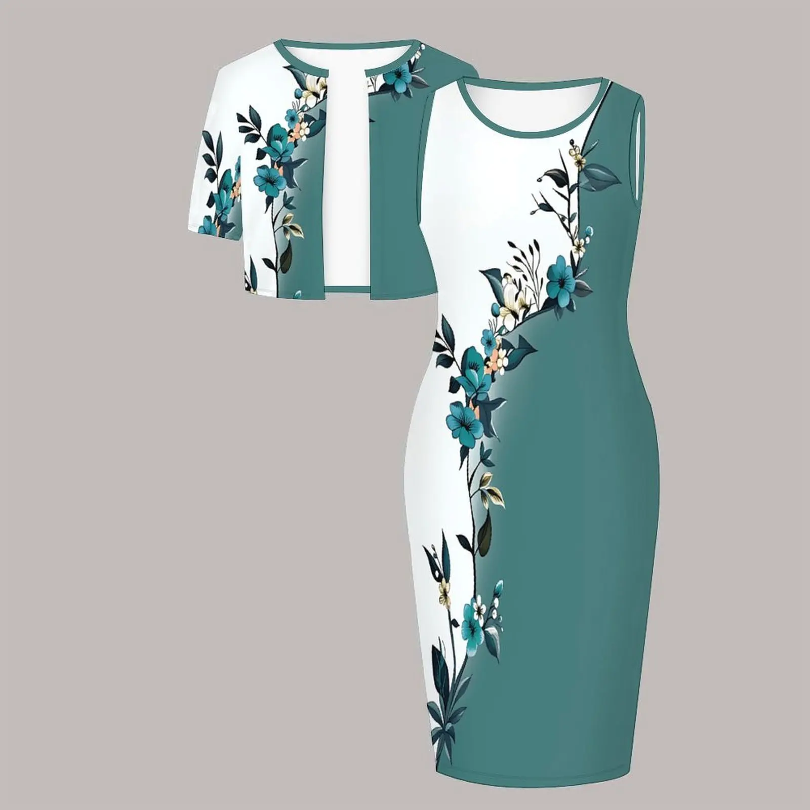 Plus Size 2pcs Round Neck Print Knee-length Skirt Women's Formal Elegant Styling Tight Dress Short-sleeved Coat Sleeveless Suit