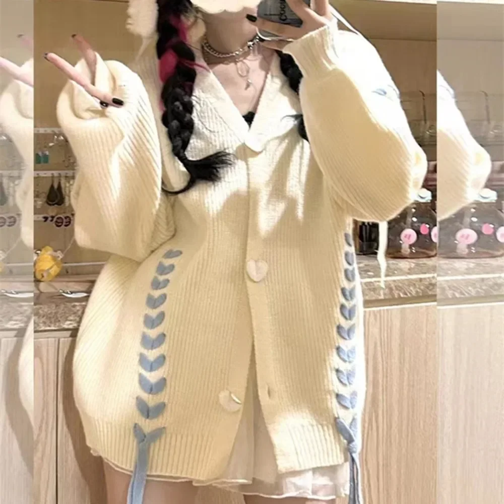 Japan Korean Cute Love Knit Cardigan Sweater Woman Autumn Winter Fashion Loose Solid Hoodies Overcoat Jacket Tops Y2k Streetwear