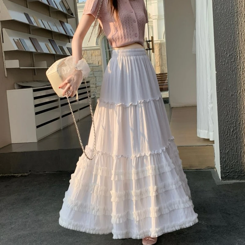 

Qiukichonson Midi Long Skirts Women White SKirt Korean Lolita Spring Summer High Waist High Low Ruched Ruffles Pleated Skirt rok