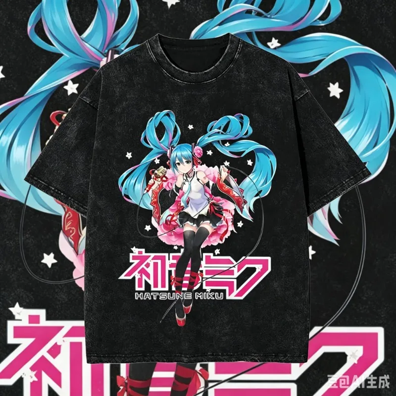 T-shirt tendance Hatsune Miku 2026 délavé pour hommes et femmes, vintage, coupe oversize, manches courtes, streetwear, motif anime Vocaloid, pour l'été