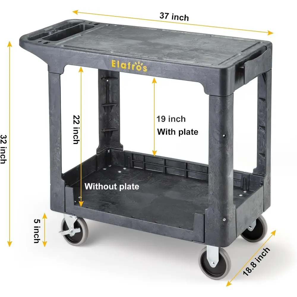 عربة أدوات بلاستيكية قوية بطبقتين، سطح مسطح 37 × 18.8، عجلات دوارة وثابتة، سعة 550 رطل، عربة بريد، رمادي #2