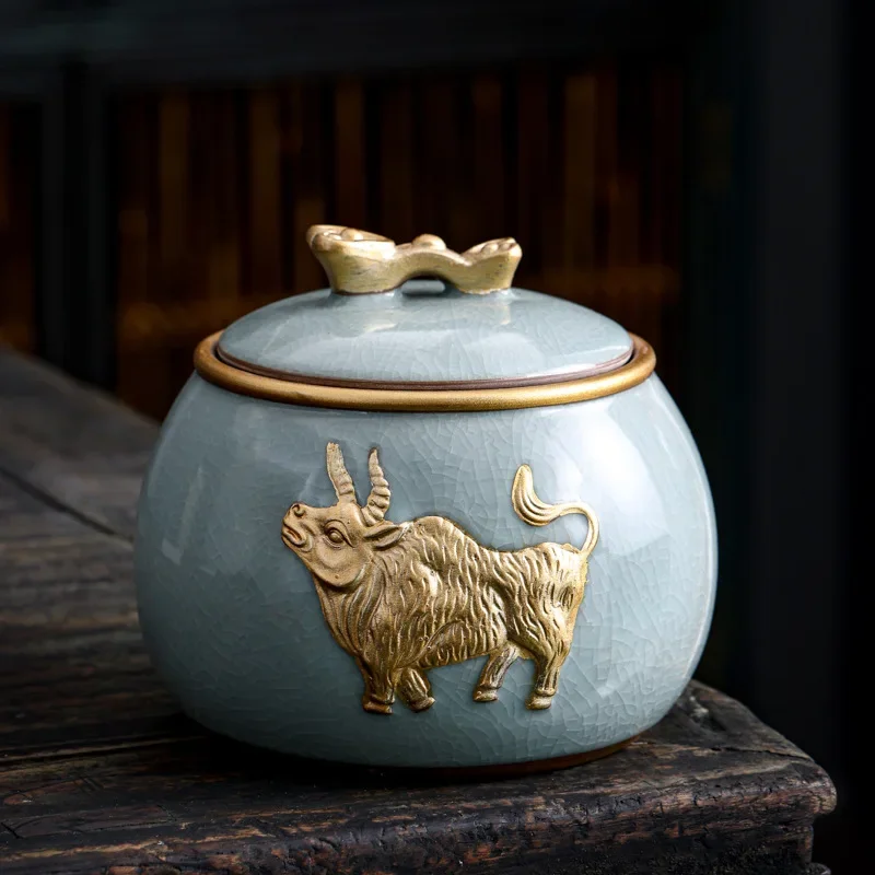 Ceramic tea can small, gold-painted sealed can, tea packaging can