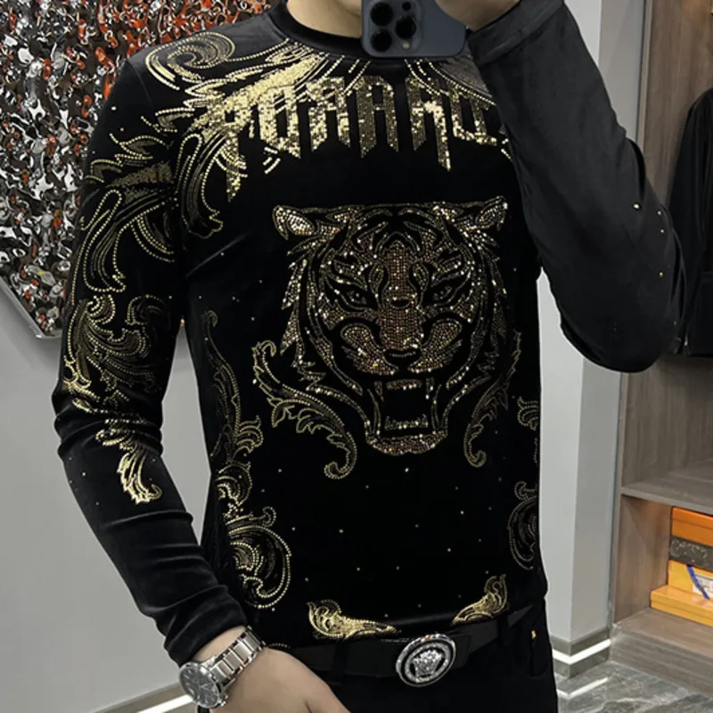 Casual O-Neck Tee Shirt Homme Diamond Print Men Long Sleeved T-shirt Luxury Streetwear Fashion Men Flower Tshirt Comfortable