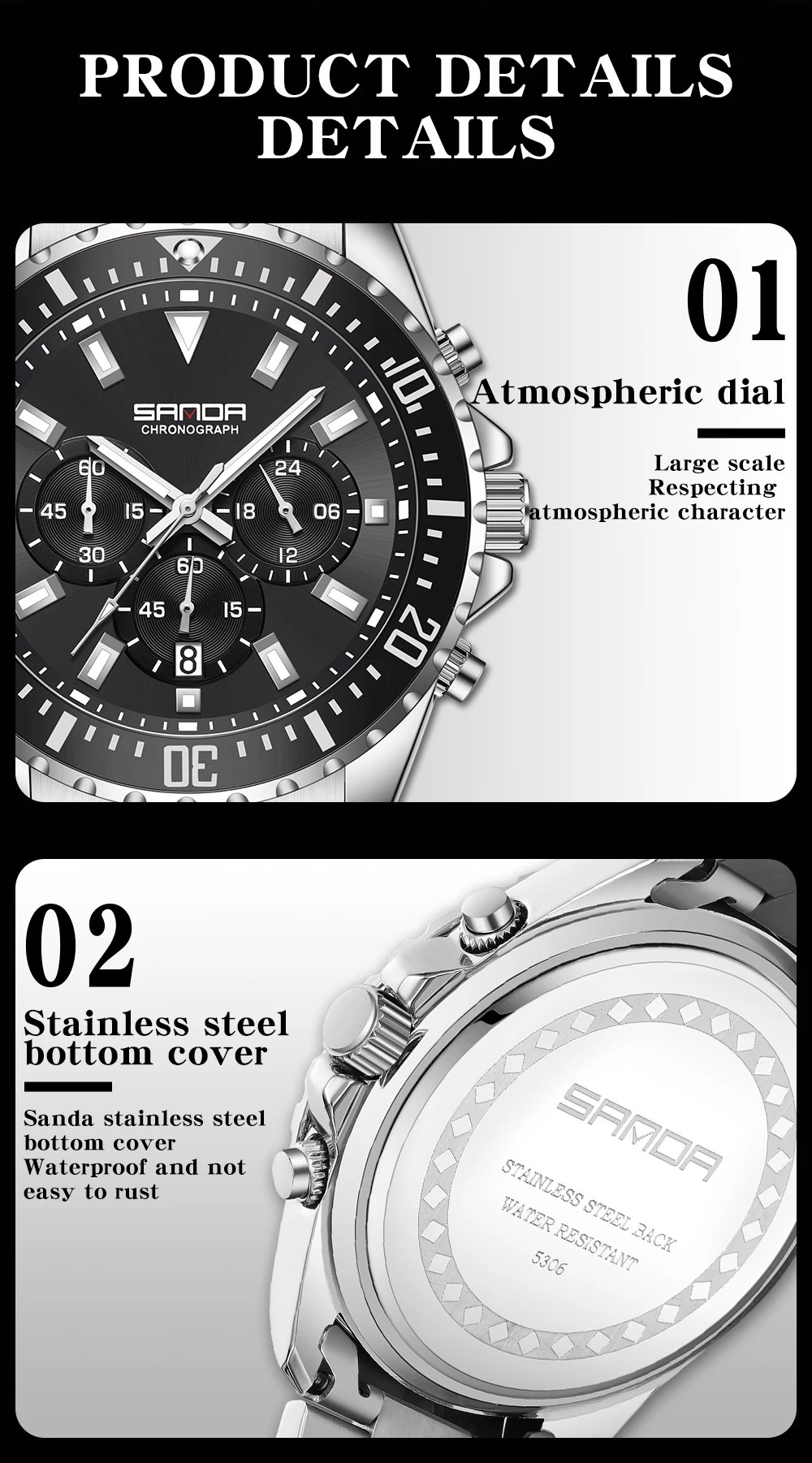 SANDA 2023New Steel Band Calendar Men's Quartz Watch 5306 Simple Three Eyes Six Needle Green Water Ghost Fluorescent Men's Watch