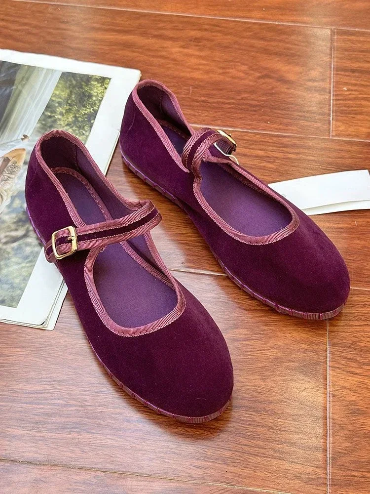 Hand Stitch Mary Janes Shoes Woman 2024 Trend Velvet Elegant Ballet Flats Shoes Spring Autumn Casual Buckle Strap Canvas Loafers