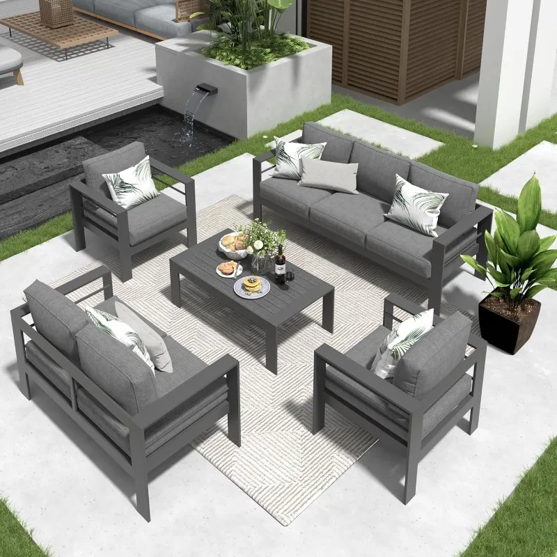 

Aluminum Patio Furniture Set,7 Seats Modern Outdoor Conversation Set Sectional Sofa with Upgrade Cushion and Coffee Table,Grey