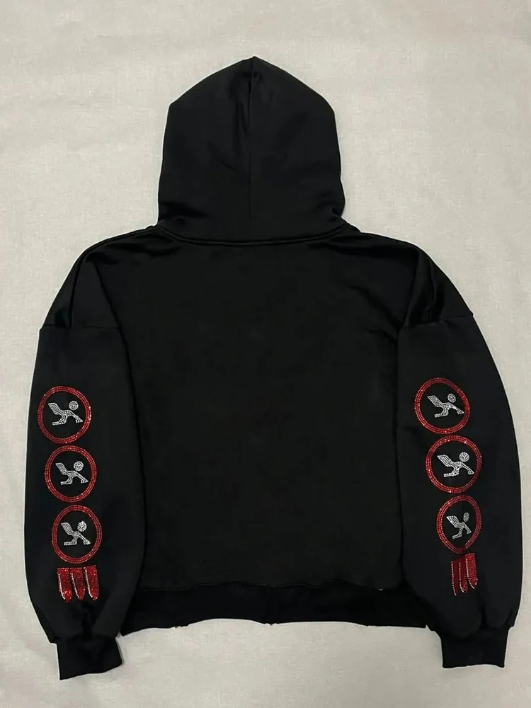 Zip Hoodie Men Y2K Style Trend Clothes Fashion Retro Street Hoodie Cool Rhinestone Pattern Unisex Sweatshirt Zip Black Top