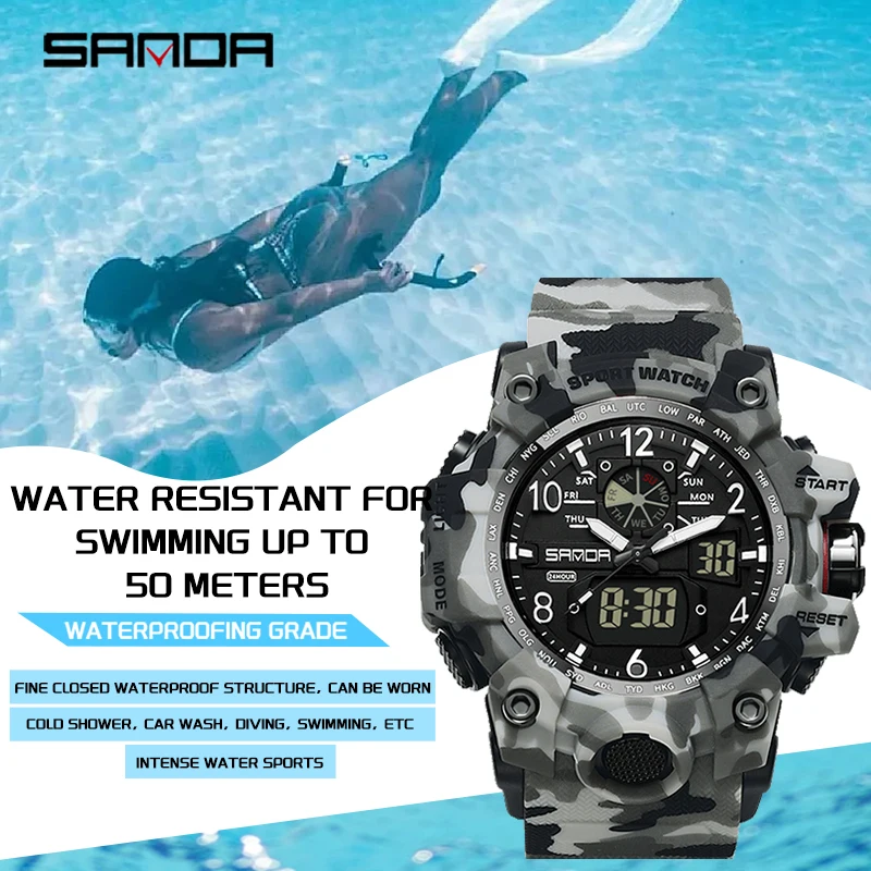 SANDA 3358 Outdoor Electron Male Wristwatch Display Quartz Men Clock Sports Military Mens Watch Camouflage LED Digital Watch