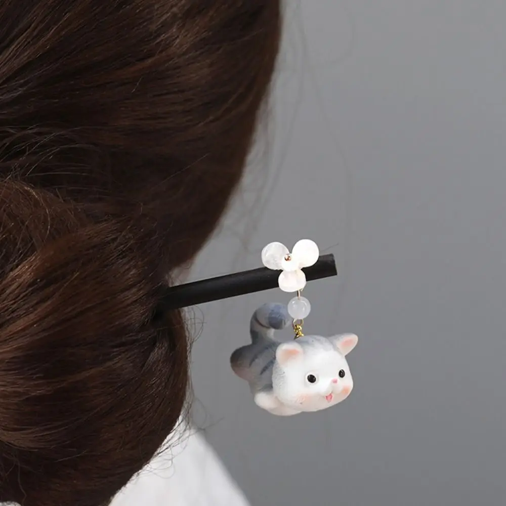 Cute Cat Wooden Hair Stick Tassel Chinese Style Hanfu Hairpin Hair Chopstick Hair Sticks for Buns Hanfu Accessories