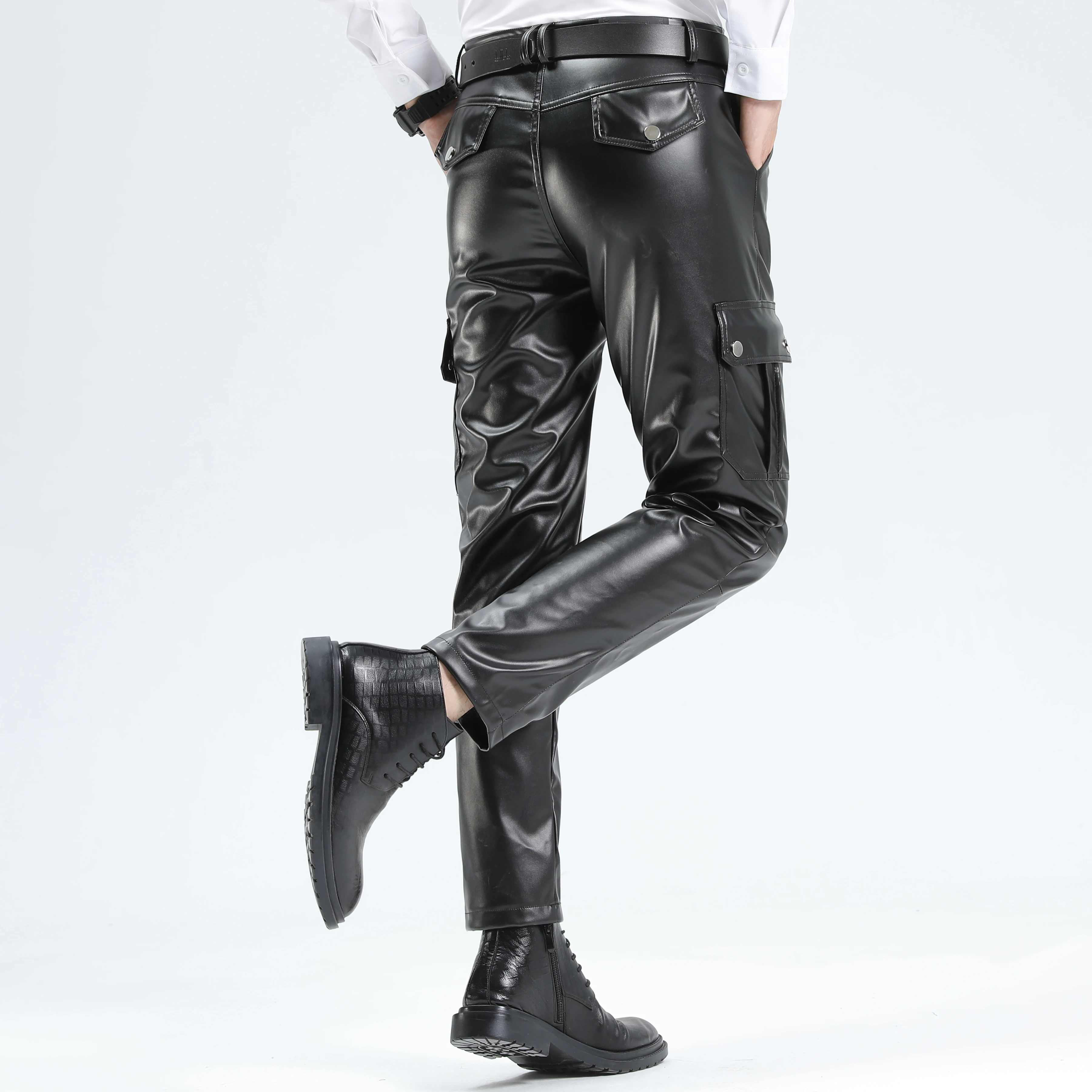 Men Leather Pants Superior Quality Elastic Male Fashion Motorcycle Faux Leather Trousers Rock Streetwear Pockets