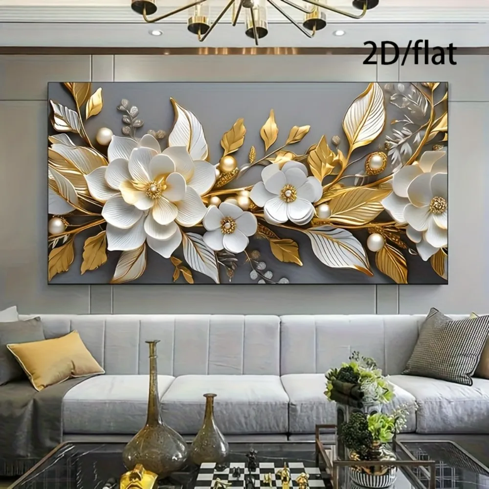 Impresiones en lienzo abstractas de flores blancas y doradas planas 2D, póster moderno Floral, impresiones artísticas horizontales grandes, arte de pared, decoración del hogar