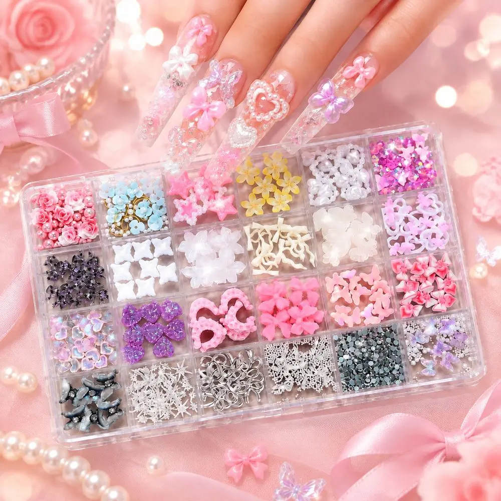 24Grids Star Moon Nail Decorations Mixed Box 3D Resin Flower Bow Heart Butterfly Pearl Rhinestone Nail Charms for DIY Nails Art