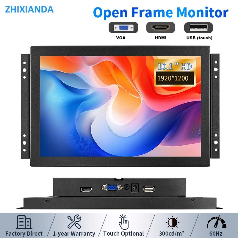 Zhixianda 10.1 Inch 1920*1200 Open Frame Industrial Capacitive / Resistive Touch Screen Monitor IPS 16:10 LCD Display HDMI VGA