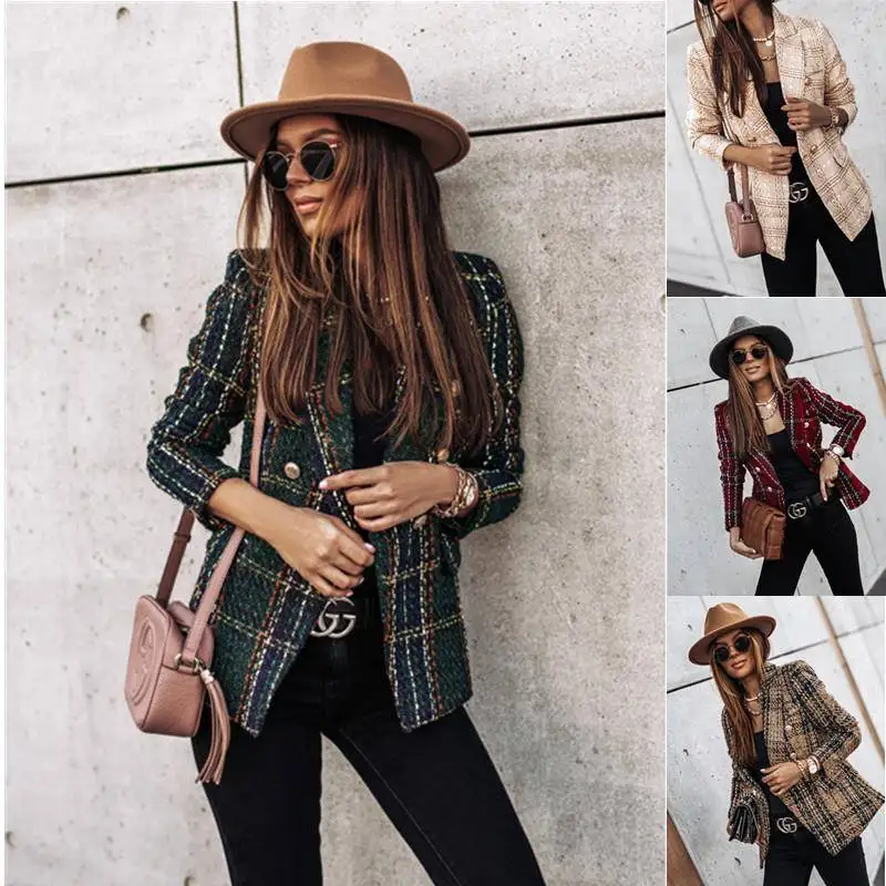 

Autumn Winter New Sle Women's Printed Long Sve Suit Jaet Double Buttoned Small Outerwear Top Commute Sle Polyester F...