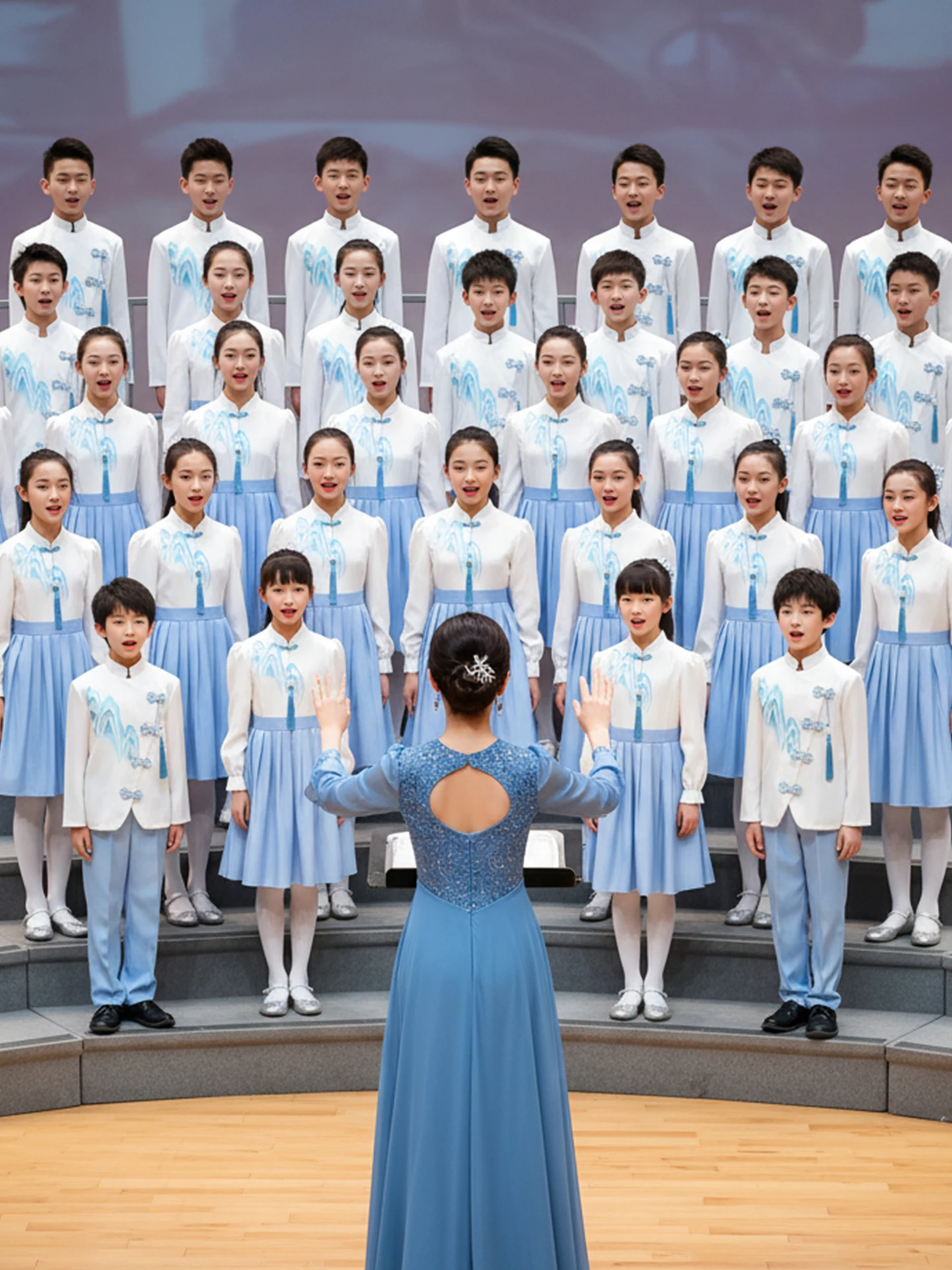 

Синий сценический костюм для девочек: наряд для хорового чтения и конкурсов ораторского искусства в стиле начальной школы